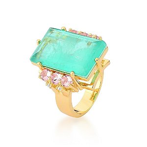 ANEL BAN. DOURADO PEDRA FUSION TURMALINA/ROSA REDONDO/RETANGULAR