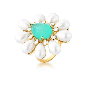 ANEL GRANDE PEDRA FUSION GOTA + PEROLA SHELL + ZIRCONIA INTERCALADO