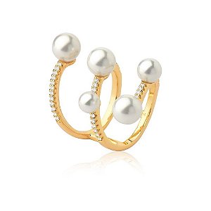 ANEL GRANDE 5 PEROLA SHELL+ ZIRCONIA 3 VOLTA 3 LINHA VAZADO CURVO  BAN. DOURADO /BRANCO