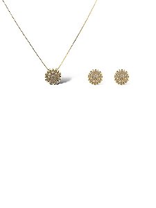 Conjunto Folheado 18k  Flor com Petalas Lisas e em Zirconia