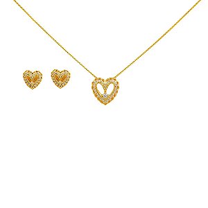 Conjunto Folheado 18k Coraçao Vazado com Zirconia