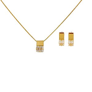 Conjunto Folheado 18k Quadrado Liso e em Zirconia