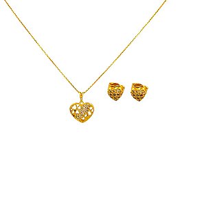 Conjunto Folheado 18k Coraçao Vazado com Zirconia