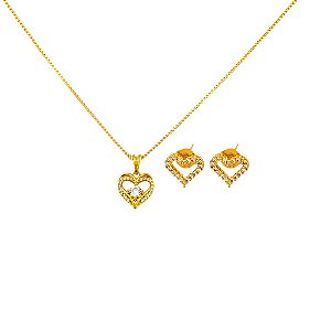 Conjunto Folheado 18k Coraçao Vazado com Zirconia