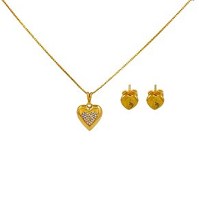 Conjunto Folheado 18k Coraçao com Zirconia