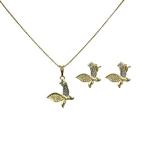 Conjunto Folheado 18k Borboleta com Detalhe em Rodhium e Zirconia