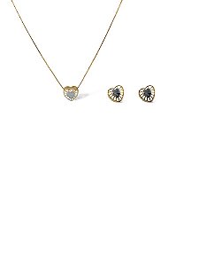 Conjunto Folheado 18k Coraçao Vazado com Detalhe em Rodhium