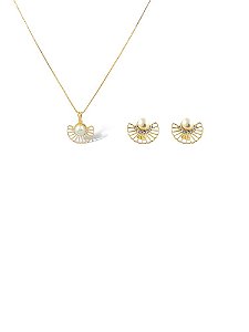 Conjunto Folheado 18k Meio Leque Vazado com Perola