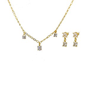 Conjunto Folheado 18K Zircônia Quadrada Pendurada