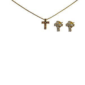 Conjunto Folheado 18k c Cruz em Zirconia Colorida