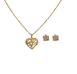 Conjunto Folheado 18k Coraçao Vazado com Detalhe em Zirconia