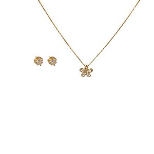 Conjunto Folheado 18k Flor Vazada com Pontos em Zirconia