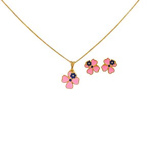 Conjunto Folheado 18k Infantil  Flor Esmaltada