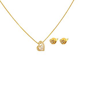 Conjunto Folheado 18k Coracao Vazado com Zirconia