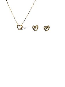 Conjunto Folheado 18k Coraçao Vazado Metade Liso e Zirconia