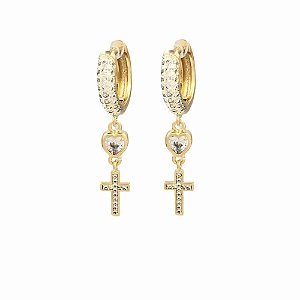Brinco Folheado 18k com Zirconia e Cruz Pendurada