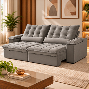 Sofá 2 Lugares Molas Ensacadas Calvin Retrátil Reclinável Veludo /Creme 2.50mt