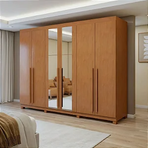 Guarda Roupa Casal 6 Portas 6 Gavetas Bertha Com Espelho e Pés Amendoa Clean