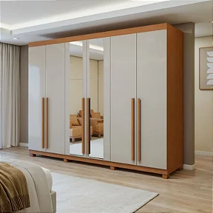 Guarda Roupa Casal 6 Portas 6 Gavetas Bertha Com Espelho e Pés Amendoa Clean / Off White