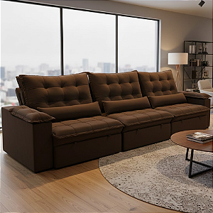 Sofá 3 Lugares Molas Ensacadas Calvin Retrátil Reclinável Veludo /Marrom 3.20 mt