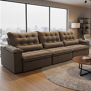 Sofá 3 Lugares Molas Ensacadas Calvin Retrátil Reclinável Veludo /cinza 3.20 mt