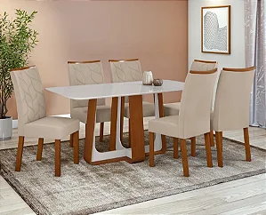 Conjunto de Mesa Sintonia 6 Cadeiras Rayla Amendoa Clean Moveis Lopas