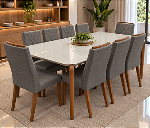 Conjunto de Mesa MADEIRA MACIÇA Donatella Província 8 Cadeiras Megan Natural com Vidro Branco 210x100