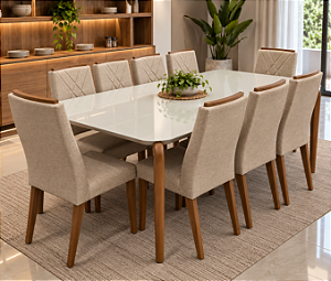 Conjunto de Mesa MADEIRA MACIÇA Donatella Província 8 Cadeiras Megan Natural com Vidro Branco 210x100 Cor Cinza