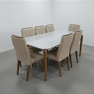 Conjunto de Mesa Donatella Província 8 Cadeiras Megan Natural com Vidro Branco 210x100 Cor Cinza
