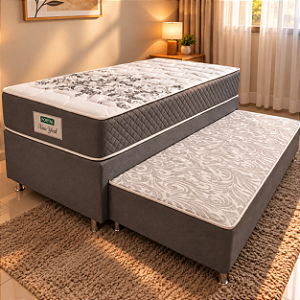 Cama Box Solteiro Bicama C/Auxiliar e Colchão Molas Ensacadas New York Portal 88x71x188 cinza
