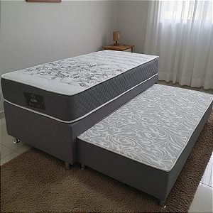 Cama Box Solteiro Bicama C/Auxiliar e Colchão Molas Ensacadas New York Portal 88x71x188 cinza