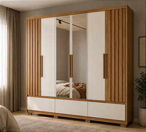 Guarda Roupa Casal Amazonas 6 Portas 5 Gavetas C/ Espelhos Moval Freijó Off White