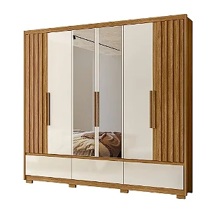 Guarda Roupa Casal Amazonas 6 Portas 5 Gavetas C/ Espelhos Moval Freijó Off White
