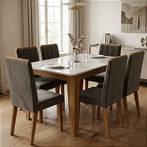 Conjunto de Mesa Suecia 6 Cadeiras Indekes Freijó Off White