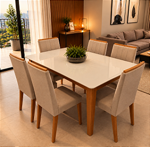 Conjunto de Mesa Suecia 6 Cadeiras Indekes Freijó Off White