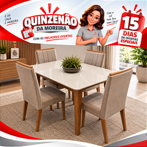 Conjunto de Mesa Suecia 4 Cadeiras Indekes Freijó Off White