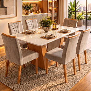 Conjunto de Mesa Apogeu 6 Cadeiras Tessera Off White/amendoa Clean