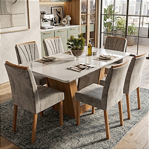 Conjunto de Mesa Apogeu 6 Cadeiras Tessera Off White/amendoa Clean