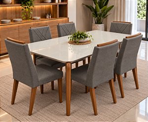 Conjunto de Mesa MADEIRA MACIÇA Donatella Província 6 Cadeiras Megan Natural com Vidro Branco 180x90