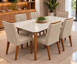 Conjunto de Mesa MADEIRA MACIÇA Donatella Província 6 Cadeiras Megan Bege Natural com Vidro Branco 180x90