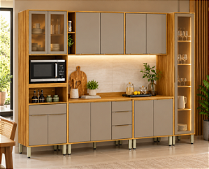 Cozinha Modulada Plena com Cristaleira reflecta com LED 100% MDF Demóbile Cinamon / Tx 7 Pçs 13 Portas 4 Gavetas
