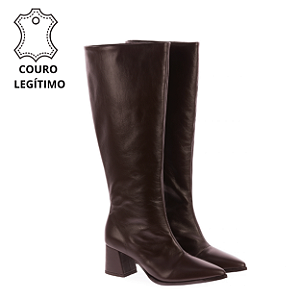 LUIZA - Bota Cano Longo e Salto Bloco 5cm em Couro Café