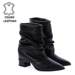ALANA - Bota Cano Baixo e Capa Slouch e Salto Bloco 5cm em Couro Preto