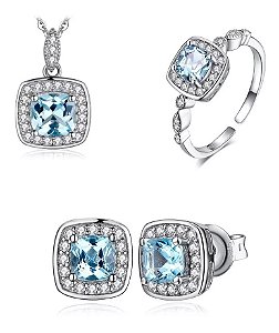 Conjunto Jóias Anel Brinco Colar Prata 925 Topázio Azul