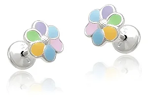 Brinco Infantil De Prata Legítima 925 Flor Resina Colorida