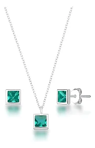 Conjunto Prata 925 Legítima Brinco Colar Turmalina Quadrado
