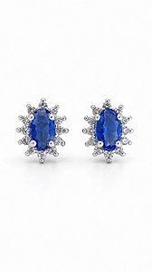 Brinco Prata 925 Esterlina Rodinada Com Cristal Azul Safira Oval