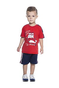 Conjunto Masculino Bebê Camiseta Vermelho e Bermuda Moletinho Marinho
