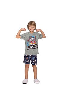 Pijama Masculino Infantil Camiseta e Bermuda Robô