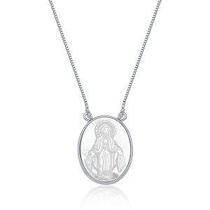 Colar Nossa Senhora das Graças em madrepérola pequeno (ródio branco)